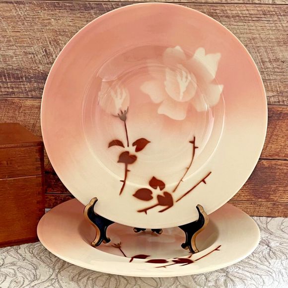 Syracuse China Rimmed Soup Bowl Air Brushed Madam Butterfly 1950s Set of 2 - Picture 1 of 10